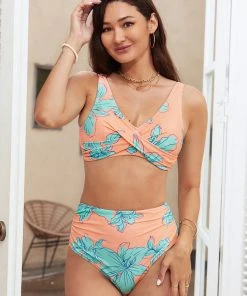 CUPSHE Floral Wrap Front Bralette & Shirred High Waist Bikini Set