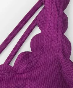 CUPSHE Swimwear UP TO 70% OFF Purple And Floral One Shoulder Scalloped Bikini