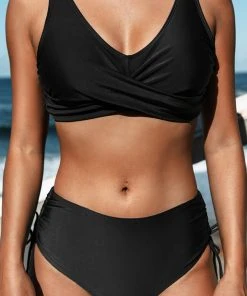 CUPSHE Bikinis Surplice Lace Back Wrap Bralette & Ruched Mid Rise Bikini Set