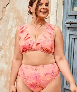 CUPSHE Luminescent Ruffled Surplice Bralette And High Waist Plus Size Bikini Set