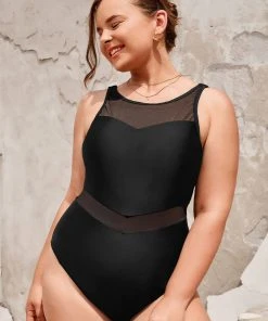 CUPSHE Palm Beach Nights Black Mesh High Neck Plus Size One Piece