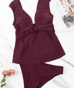 CUPSHE Bikinis Shangrila Solids Twist Tankini & Standard Rise Hipster Bottom Set