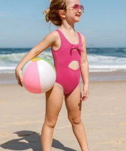 CUPSHE Girls Summer Dreaming Pink Ribbed Bunny Tie Front One Piece Swimsuit One Pieces