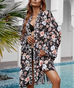 CUPSHE Lola Drop Shoulder Sleeve Open Front Mid Length Kimono Cover Ups