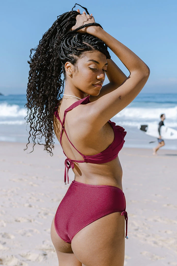 CUPSHE Swimwear BOGO 40% OFF Savannah Burgundy Ruffle Crisscross Drawstring Bikini