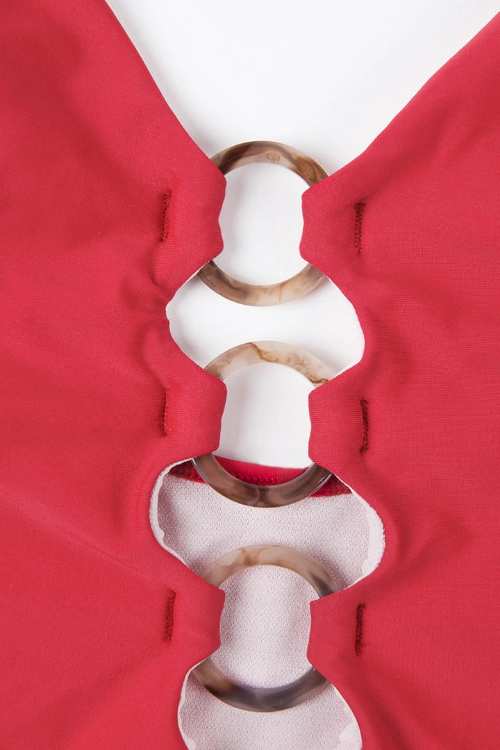 CUPSHE Joyful Retro Solid Ring Front Red One Piece Swimsuit One Pieces