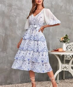 CUPSHE Dresses Geneva Floral Bubble Sleeve Tie Waist A-Shape Dress
