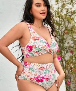 CUPSHE 90’s Floral Wrap Banded Tummy Control High Waist Plus Size Bikini