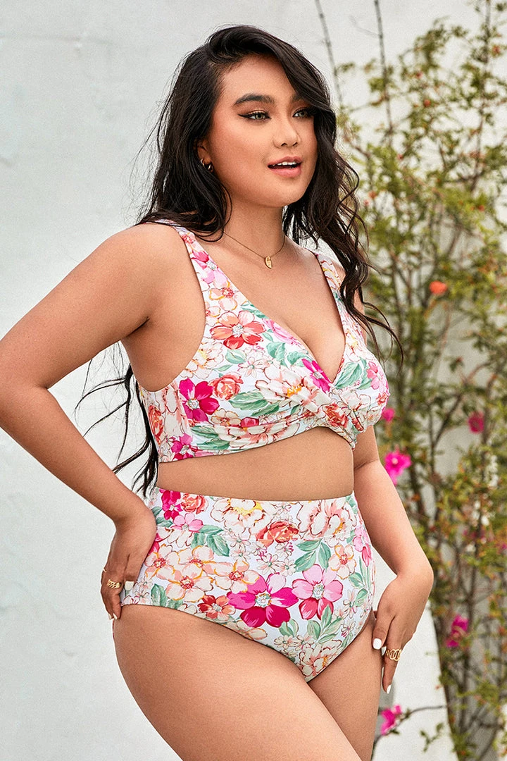 CUPSHE 90’s Floral Wrap Banded Tummy Control High Waist Plus Size Bikini