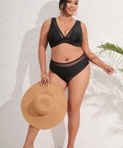 CUPSHE Swimwear Trendy Features Arizona Road Trip Mesh V-neck And Mid Rise Hipster Black Plus Size Bikini Set
