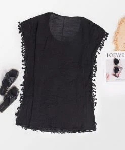 CUPSHE Cover Ups Abbie Black Round Neck Tassel Cover Up