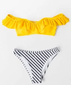 CUPSHE Swimwear UP TO 70% OFF Yellow And Striped Ruffle Cold Shoulder Bikini