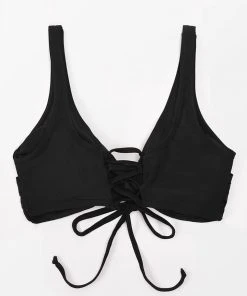 CUPSHE Cecilia Black V-neck Lace Up Plus Size Bikini Top Swimwear UP TO 70% OFF