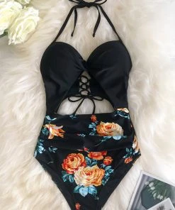 CUPSHE Black Floral Print Halter Tummy Control One Piece Swimsuit One Pieces