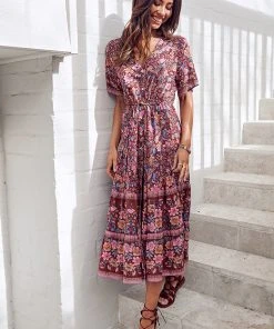 CUPSHE Dresses Luciana V-neck Tea Length Boho Pattern A-Shape Dress