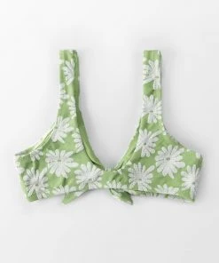 CUPSHE Swimwear UP TO 70% OFF Light Green Floral Knotted Tank Bikini Top