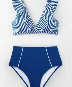 CUPSHE Blue Striped And High Waisted Bikini