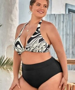 CUPSHE Ink Flow Molded Halter High Waist Tummy Control Plus Size Bikini Swimwear BOGO 40% OFF