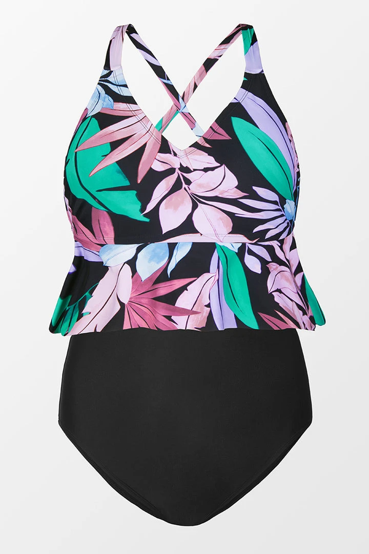 CUPSHE Swimwear UP TO 70% OFF Tropicool Leaf Peplum Tankini Classic Tummy Control Plus Size Set