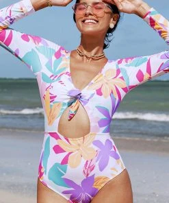 CUPSHE Multi Spring Bunny Tie Cutout Long Sleeve One Piece Swimsuit One Pieces