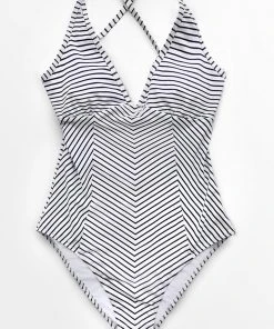 CUPSHE Black And White Stripe V-neck One Piece Swimsuit One Pieces