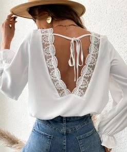 CUPSHE Accs & Clothing Brandi Long Sleeve Lace Trims Backless Tops