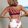CUPSHE Swimwear UP TO 70% OFF Purple And Floral One Shoulder Scalloped Bikini