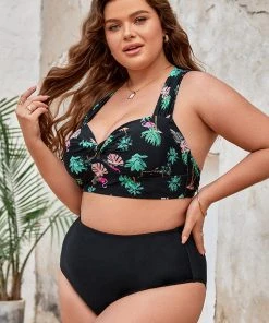 CUPSHE Palm Beach Night Twist High Waist Tummy Control Plus Size Bikini
