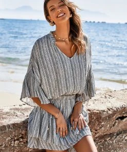 CUPSHE Dresses Hermine V-neck Elastic Waist Stripe A-Shape Dress