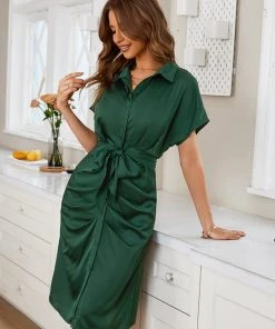 CUPSHE Zita Shirt Collar Ruching Fitted Waisted Dress Dresses