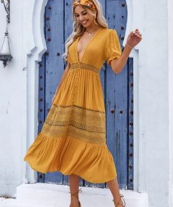 CUPSHE Malvina Plunge Bubble Sleeve Cut Out A-Shape Dress Dresses