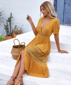 CUPSHE Malvina Plunge Bubble Sleeve Cut Out A-Shape Dress Dresses