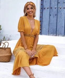 CUPSHE Malvina Plunge Bubble Sleeve Cut Out A-Shape Dress Dresses