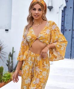 CUPSHE Blake Plunge Bell Sleeve Elastic Waist Coverup Set Cover Ups