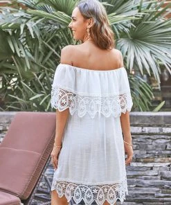 CUPSHE Short Dresses Hayden Off-shoulder Pleated Lace Trims Cover Up