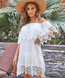 CUPSHE Short Dresses Hayden Off-shoulder Pleated Lace Trims Cover Up