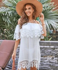 CUPSHE Short Dresses Hayden Off-shoulder Pleated Lace Trims Cover Up