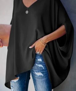 CUPSHE Beach Shirts & Tops Juliet V-neck Short Sleeve Loose Waist Black Top