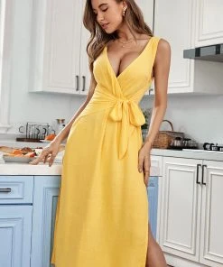 CUPSHE Zaniyah Yellow Tie Waist V-neck Cover Up Dress