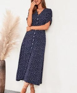 CUPSHE Dresses Analia Button Ditsy Ruching A-Shape Dress