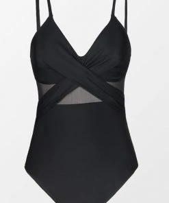 CUPSHE Forest Adventure Solid Mesh Wrap Front Cutout Black One Piece Swimsuit One Pieces