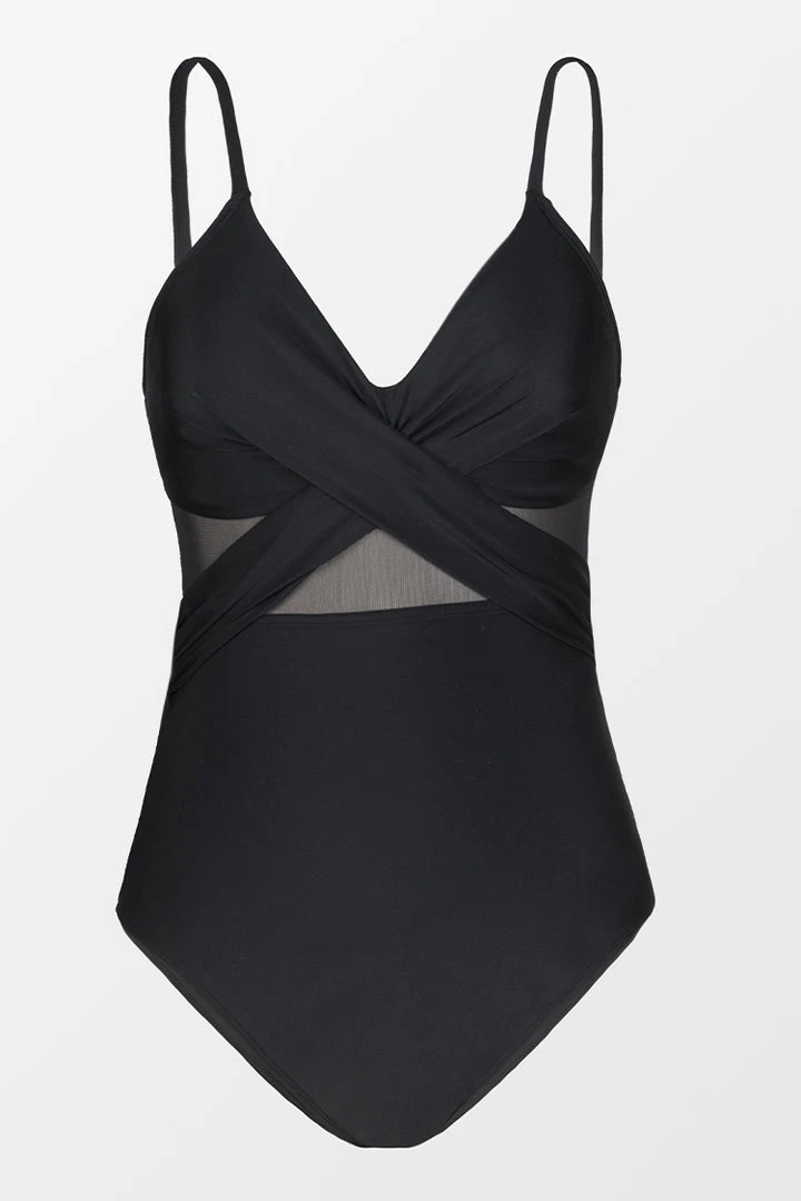 CUPSHE Forest Adventure Solid Mesh Wrap Front Cutout Black One Piece Swimsuit One Pieces