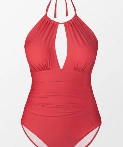 CUPSHE Joyful Retro High Neck Keyhole Tummy Control Red Plus Size One Piece