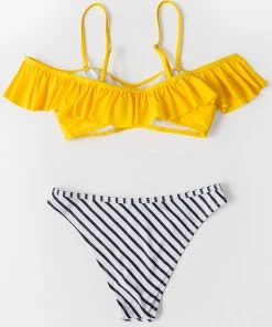 CUPSHE Swimwear UP TO 70% OFF Yellow And Striped Ruffle Cold Shoulder Bikini
