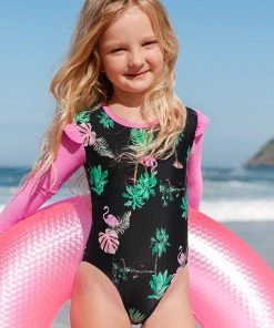 CUPSHE Girls Palm Beach Night Flamingo Plam Ruffle Long Sleeve Rashguard One Pieces