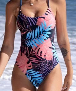 CUPSHE Vapor Wave Back Tie Tropical Leaf Print One Piece Swimsuit One Pieces