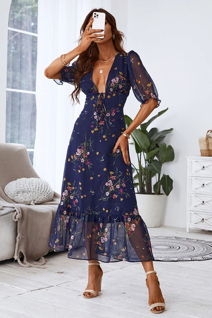 CUPSHE Dulce Short Sleeve Plunge Maxi Dress