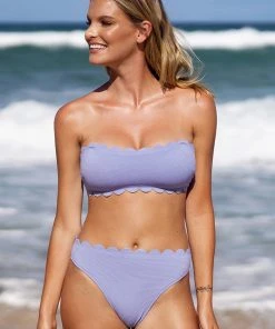 CUPSHE Amalfi Pique Scalloped Bandeau And Cheeky High Waist Set Swimwear BOGO 40% OFF