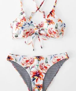 CUPSHE Floral And Striped Reversible Bikini Swimwear UP TO 70% OFF