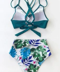 CUPSHE Tropical Palms Twist-Front High Waisted Bikini Swimwear UP TO 70% OFF